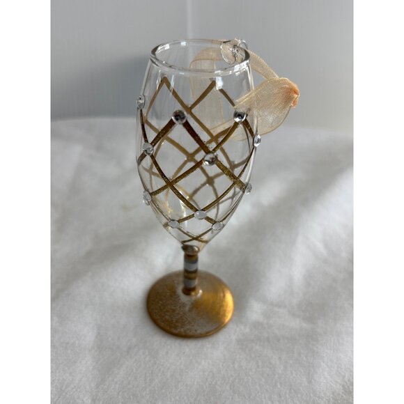 Handcrafted Glass Champagne Flute Ornament With Gold Diamond Grid & Ribbon Embel - Picture 1 of 4